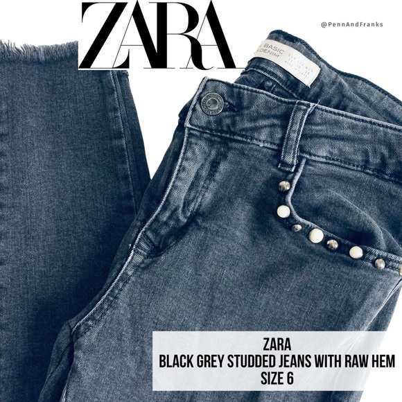 Zara Grey Black Studded Jeans Raw Hem Skinny 6/28